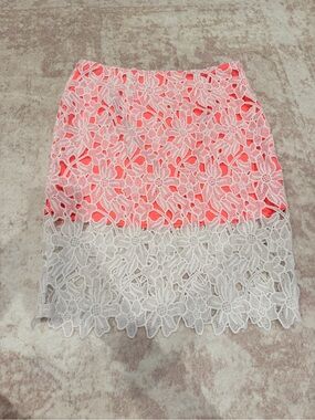 Altar’d State Coral Ivory Floral Crochet Lace Pencil Skirt